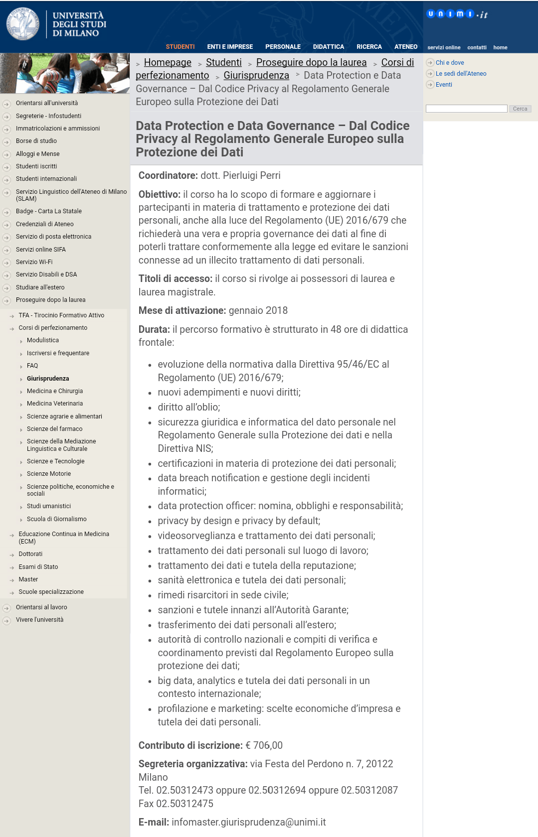 Data protection e data governance - corsi perfezionamento unimi - gennaio 2018