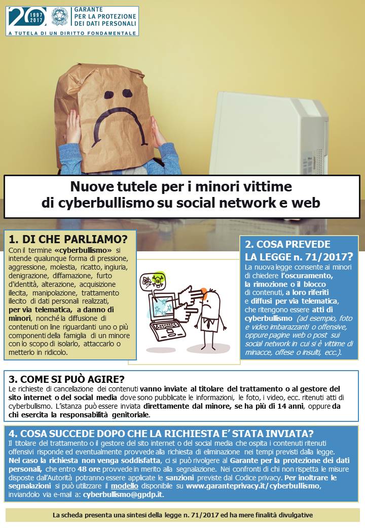 Garante Privacy – Nuove tutele per i minori vittime di cyberbullismo su social network e&nbsp;web