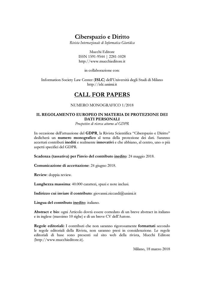 Call Ciberspazio e Diritto GDPR