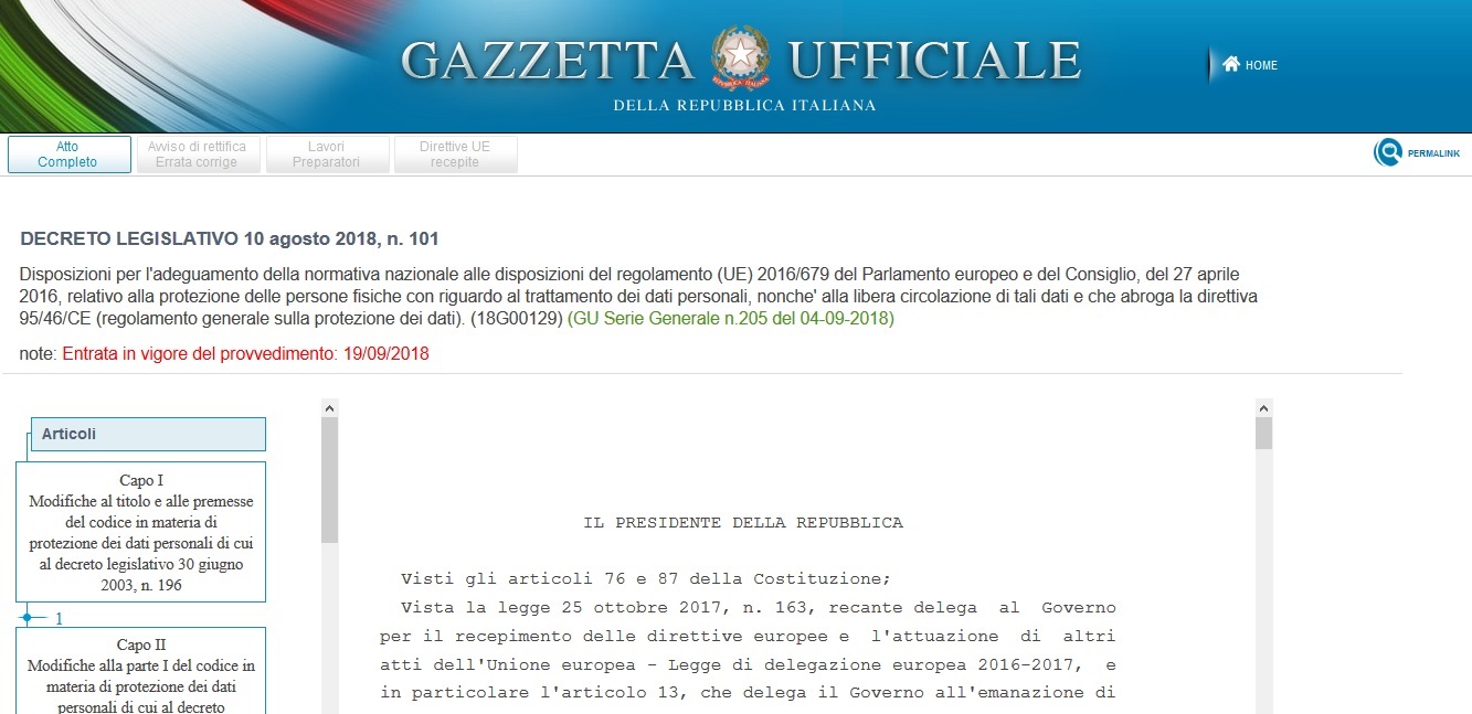 dlgs 101 2018 gazzetta ufficiale privacy